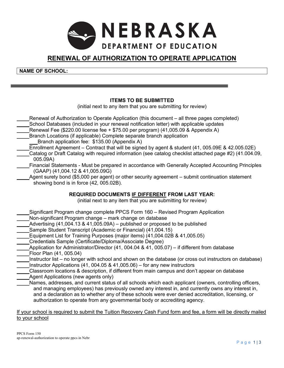 PPCS Form 150 Renewal of Authorization to Operate Application - Nebraska, Page 1