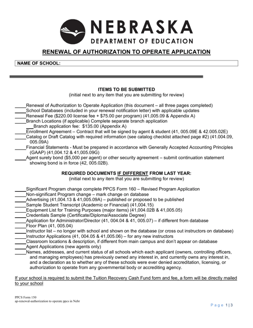 PPCS Form 150 Renewal of Authorization to Operate Application - Nebraska