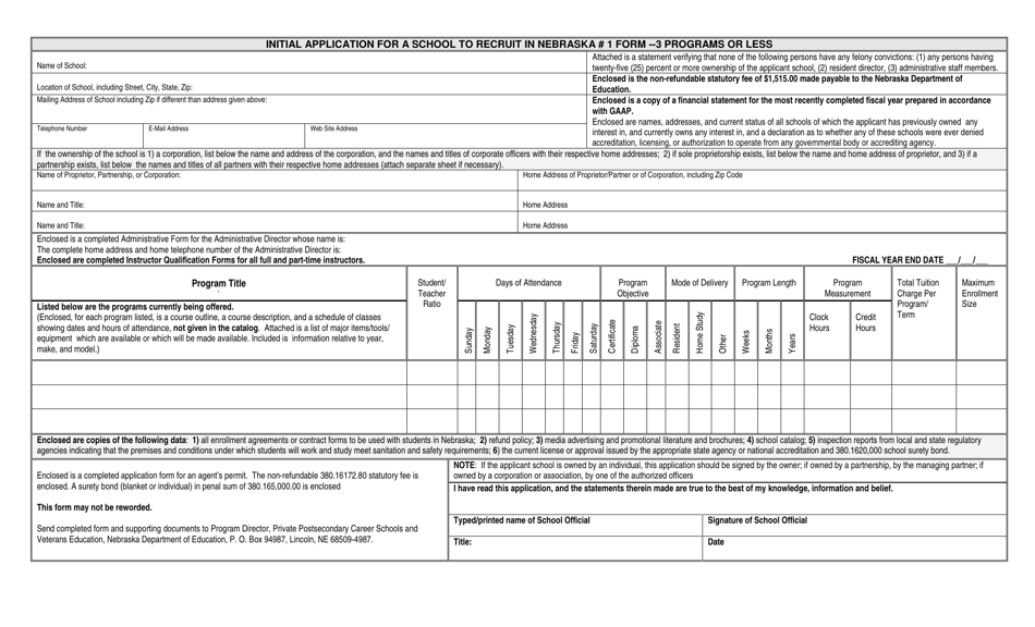 Form 1 Initial Application for a School to Recruit in Nebraska - 3 Programs or Less - Nebraska, Page 1