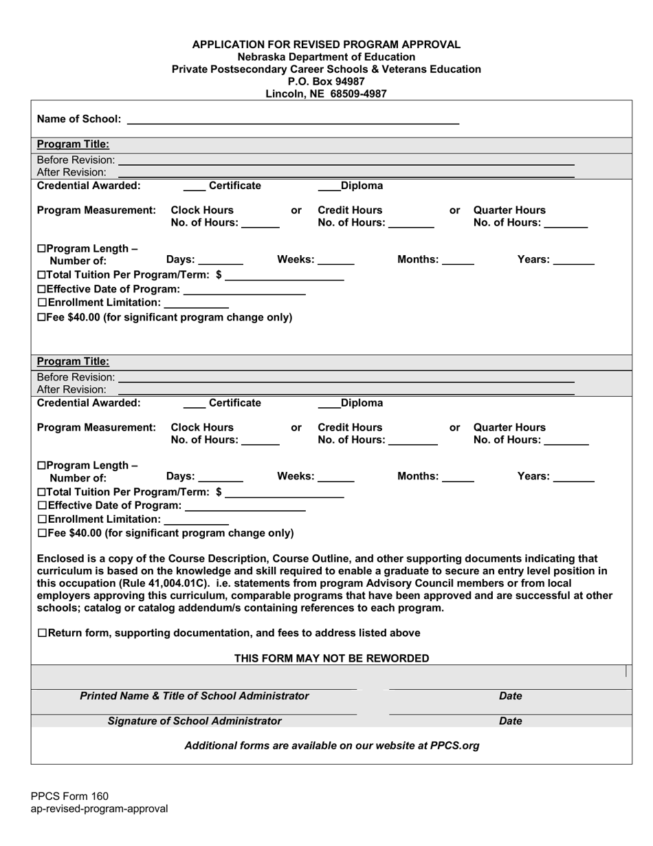 PPCS Form 160 Application for Revised Program Approval - Nebraska, Page 1