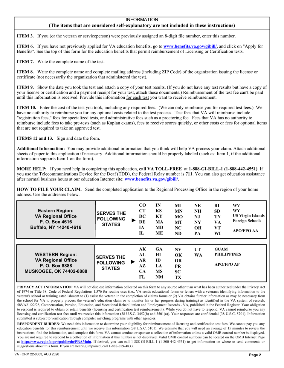 VA Form 22-0803 Application for Reimbursement of Licensing or Certification Test Fees, Page 2