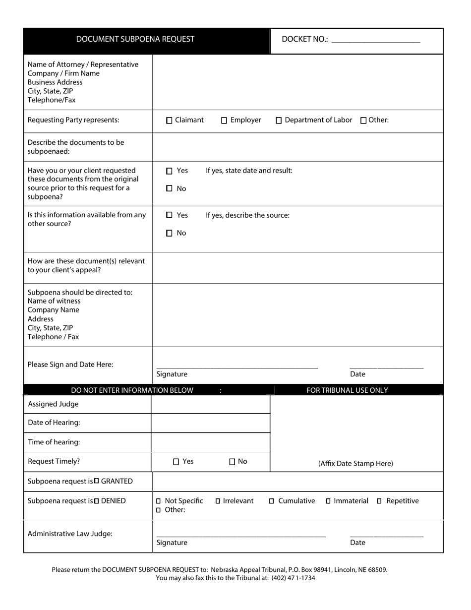 Nebraska Document Subpoena Request - Fill Out, Sign Online and Download ...