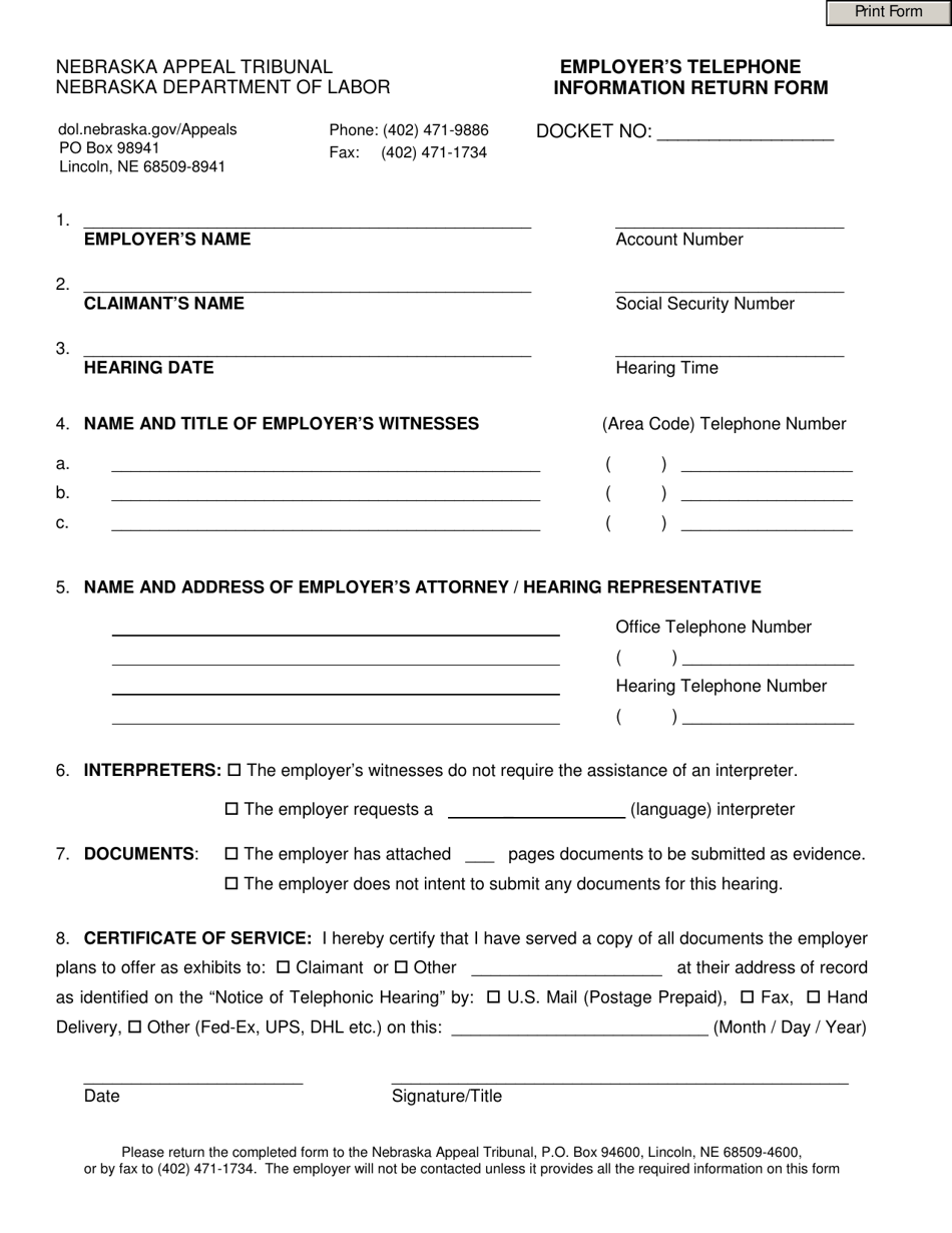 Employers Telephone Information Return Form - Nebraska, Page 1