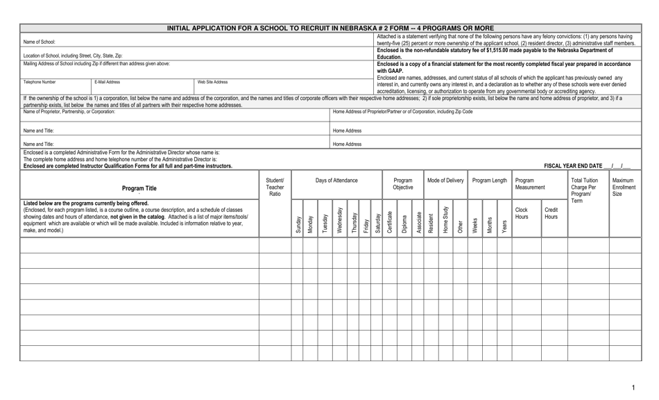 Form 2 Initial Application for a School to Recruit in Nebraska - 4 Programs or More - Nebraska, Page 1