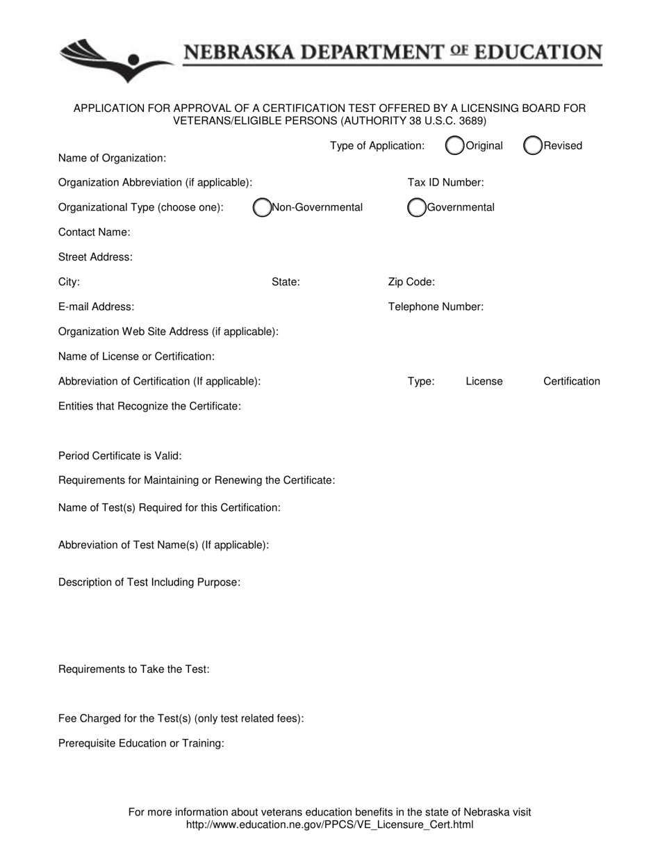 Application for Approval of a Certification Test Offered by a Licensing Board for Veterans / Eligible Persons - Nebraska, Page 1