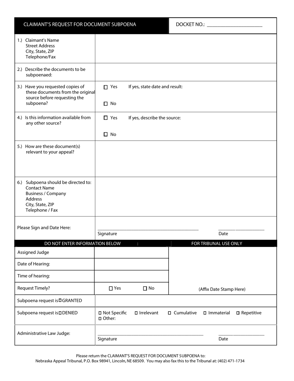 Nebraska Claimant's Request for Document Subpoena Download Fillable PDF ...