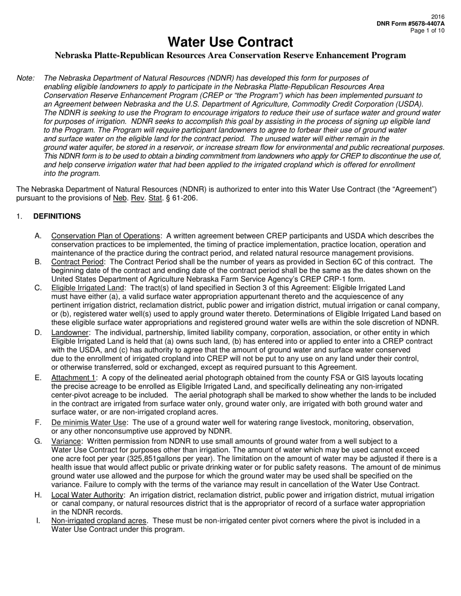 DNR Form 5678-4407A Water Use Contract - Nebraska, Page 1