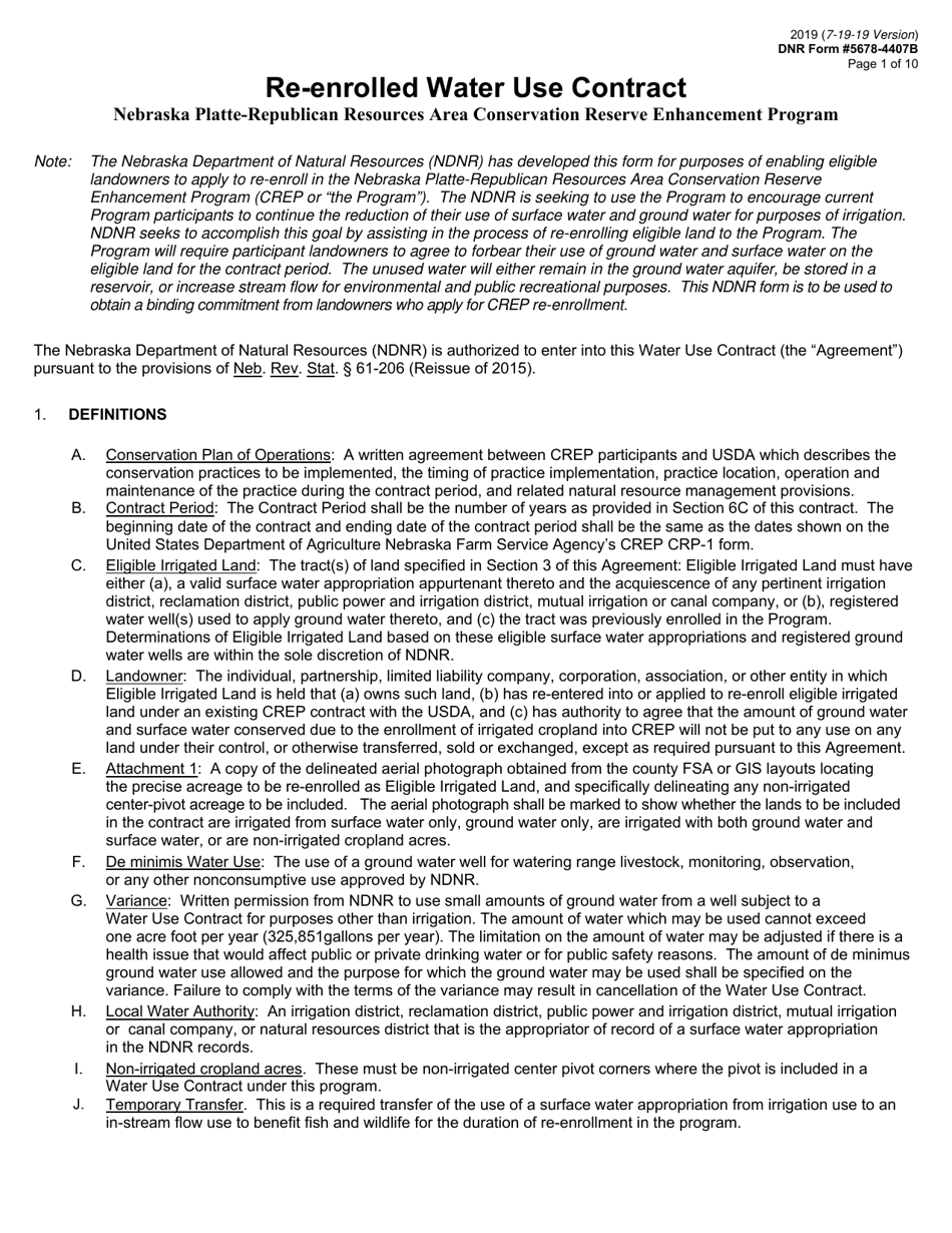 DNR Form 5678-4407B Re-enrolled Water Use Contract - Nebraska, Page 1