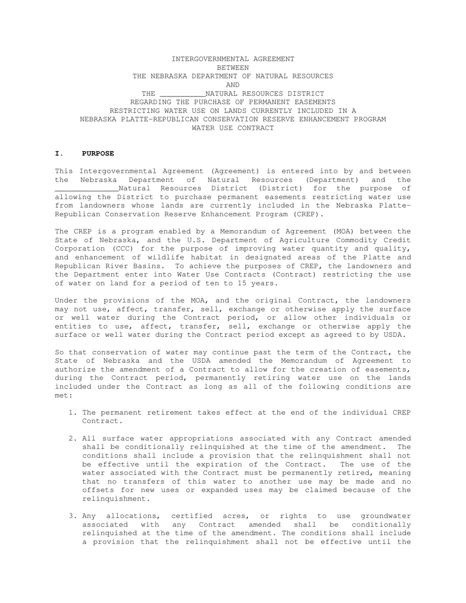 Request for Amendment to Crep Water Use Contract for Permanent Easement - Nebraska, Page 1