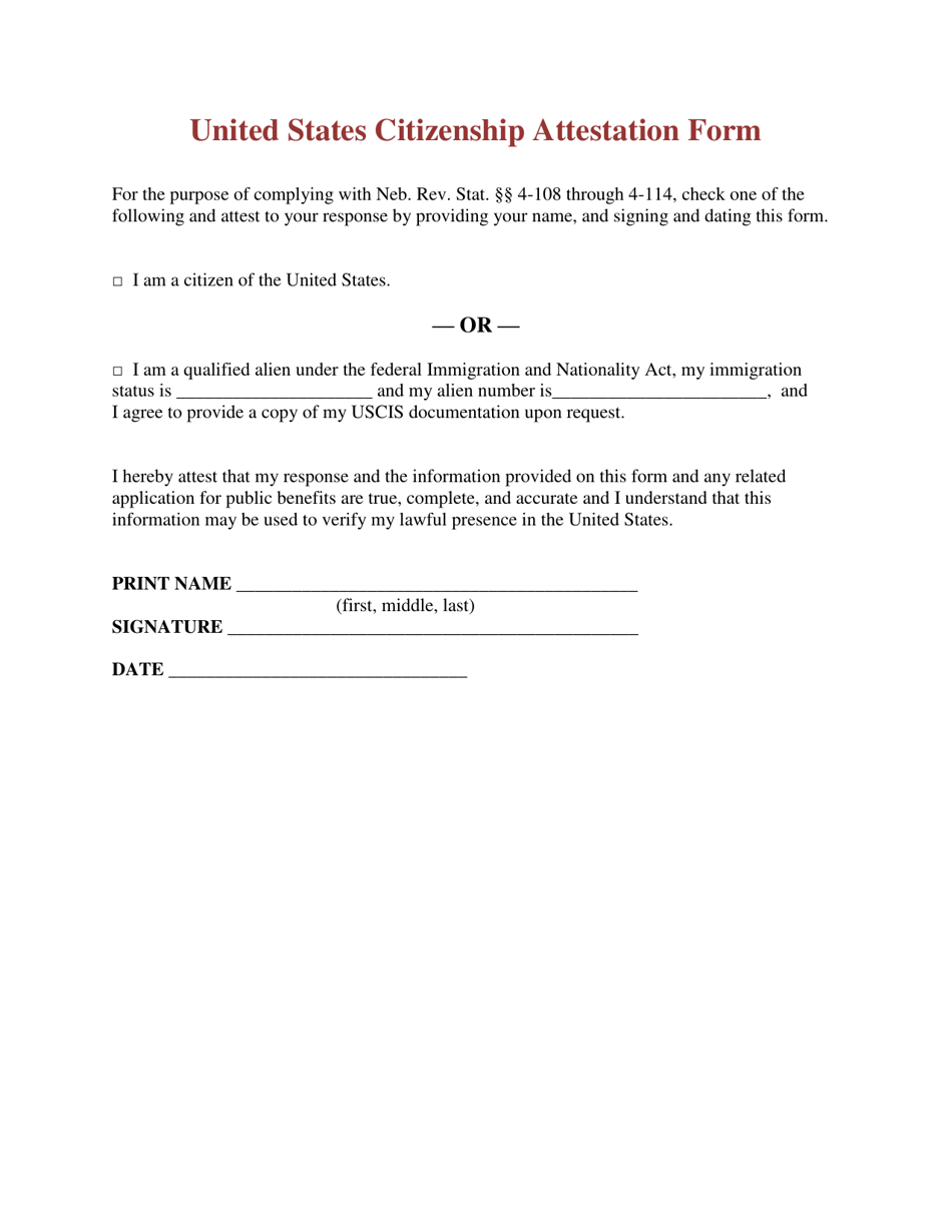 United States Citizenship Attestation Form - Nebraska, Page 1