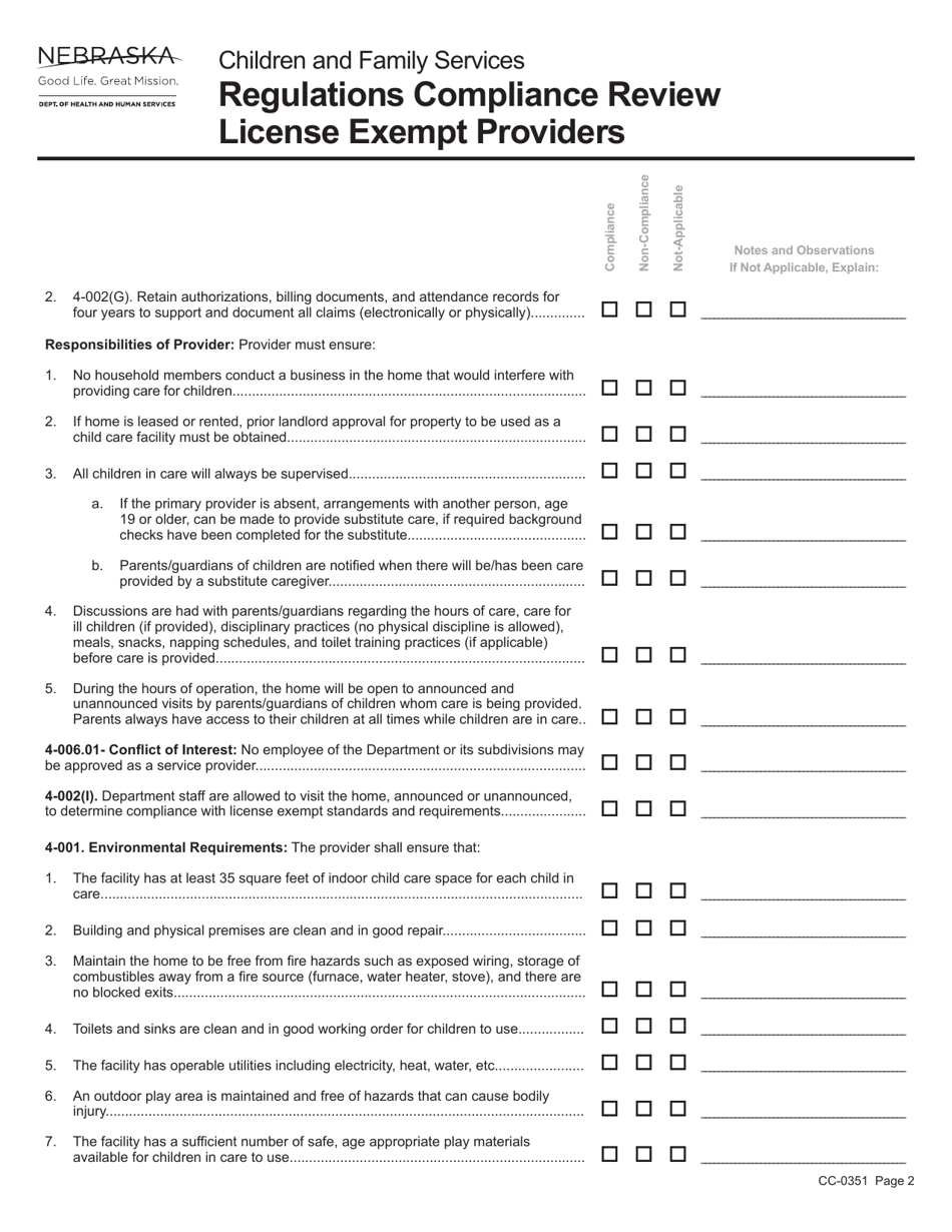 Form CC-0351 Regulations Compliance Review License Exempt Providers - Nebraska, Page 2