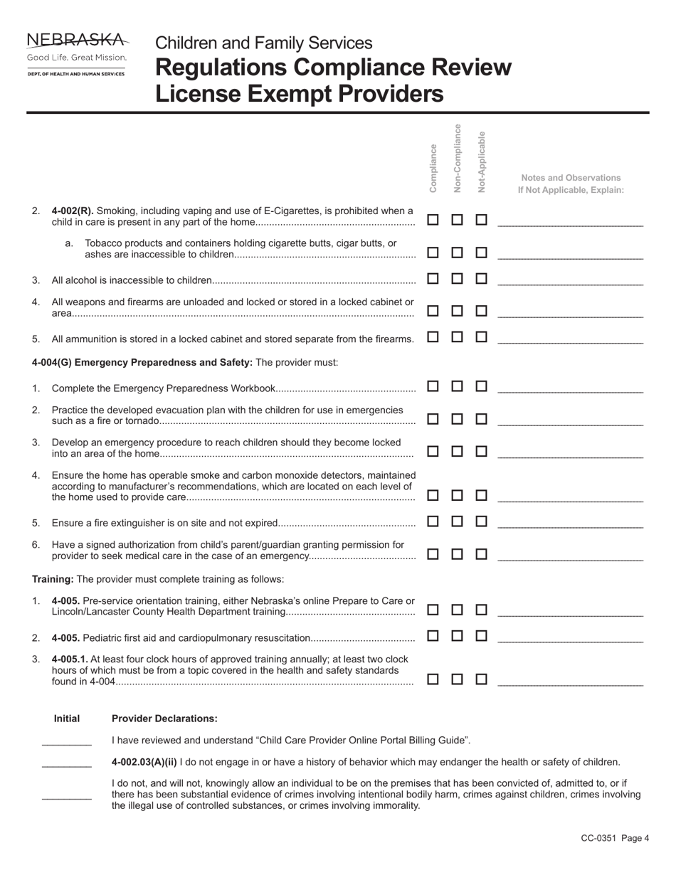 Form CC-0351 Regulations Compliance Review License Exempt Providers - Nebraska, Page 4