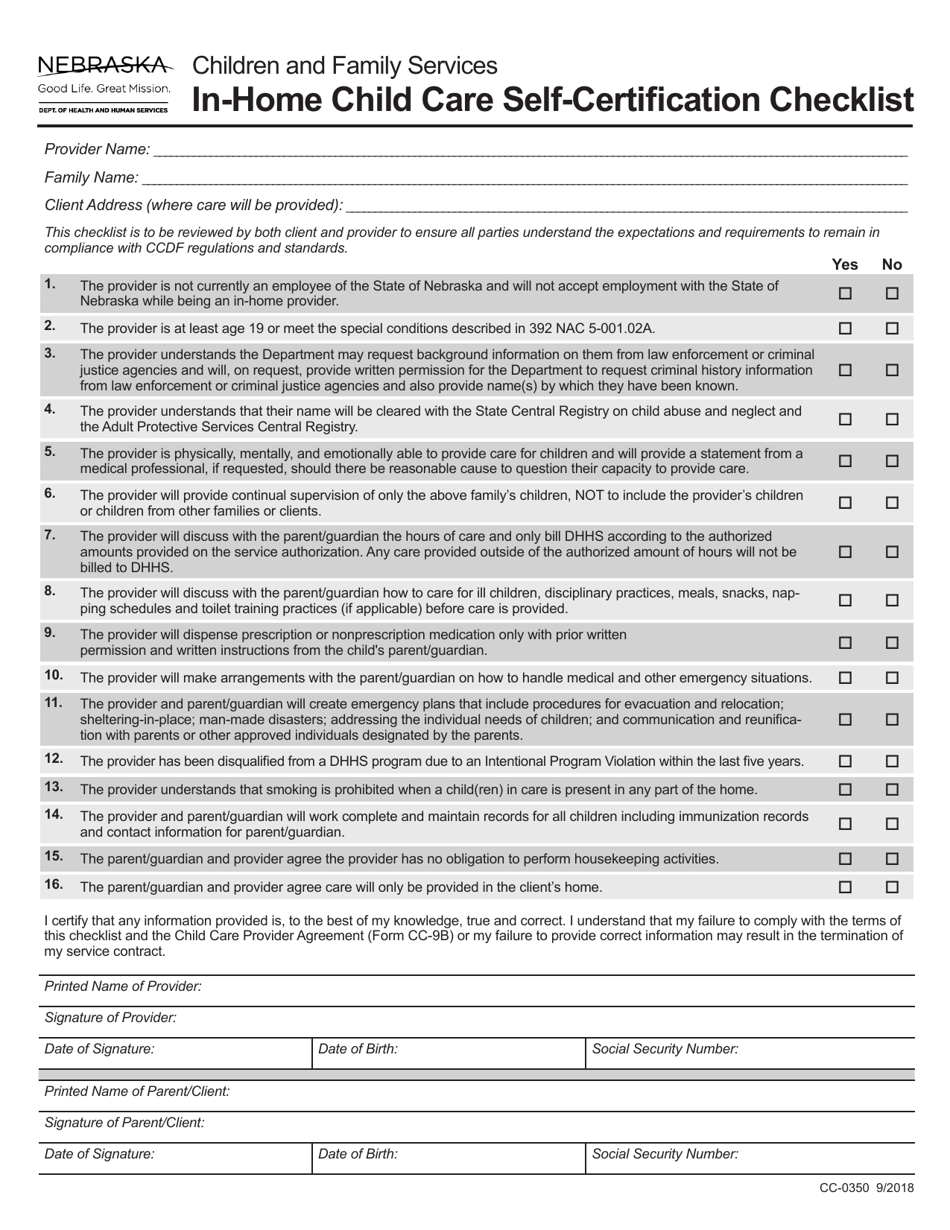 Form CC-0350 In-home Child Care Self-certification Checklist - Nebraska, Page 1