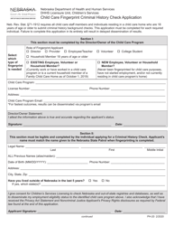 Form PH-20 Child Care Fingerprint Criminal History Check Application - Nebraska