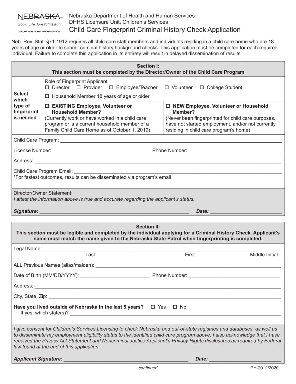 Form PH-20 Child Care Fingerprint Criminal History Check Application - Nebraska, Page 1
