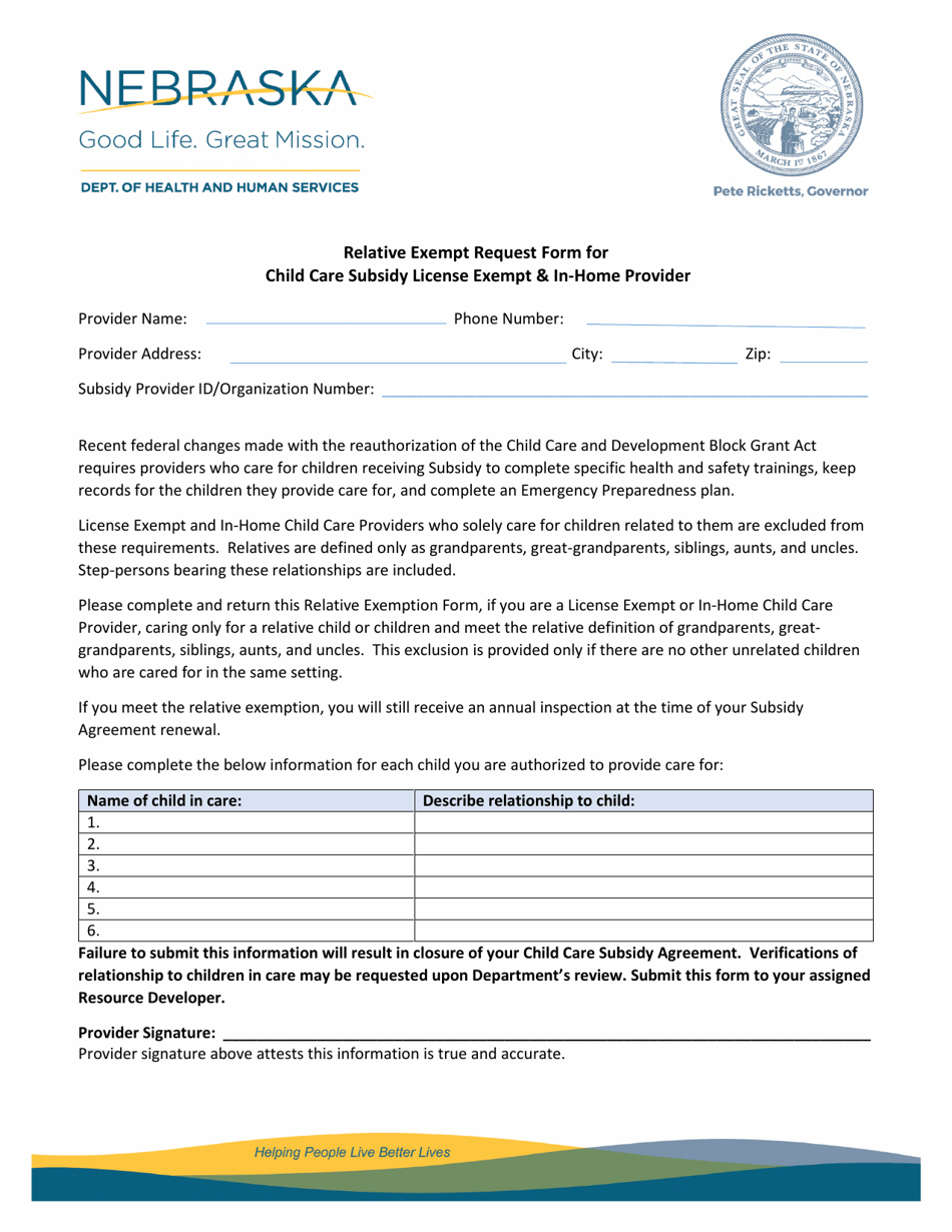 Relative Exempt Request Form for Child Care Subsidy License Exempt  in-Home Provider - Nebraska, Page 1