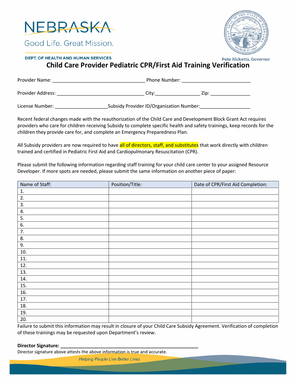 Nebraska Child Care Provider Pediatric Cpr/First Aid Training