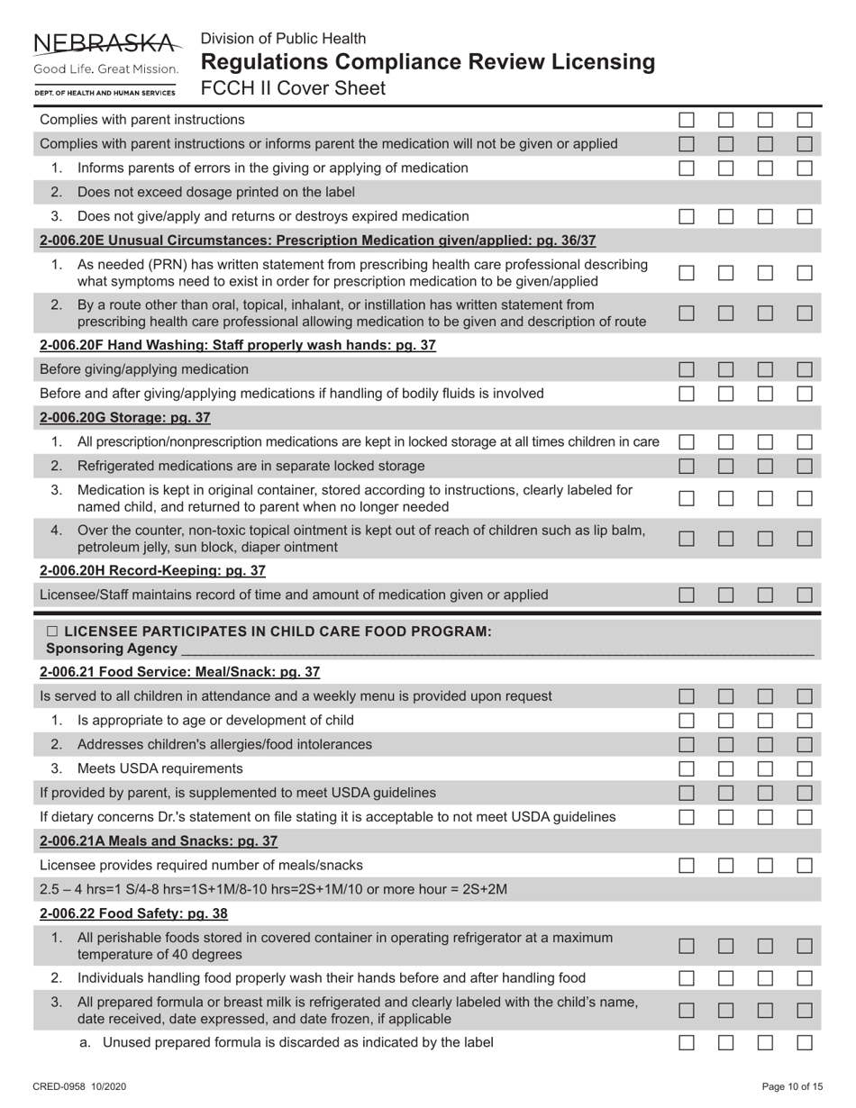Form CRED-0958 Regulations Compliance Review Licensing - Fcch II Cover Sheet - Nebraska, Page 10