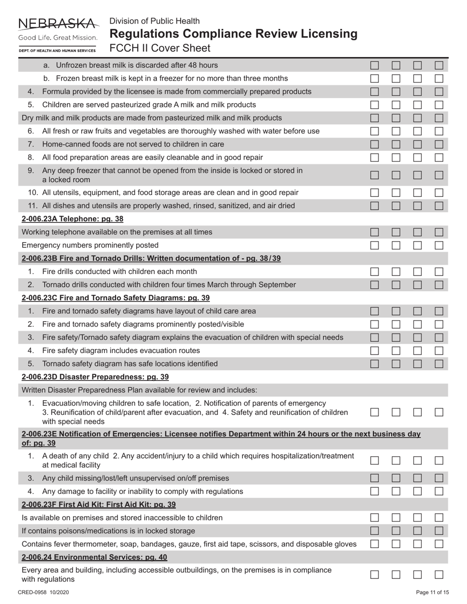 Form CRED-0958 Regulations Compliance Review Licensing - Fcch II Cover Sheet - Nebraska, Page 11