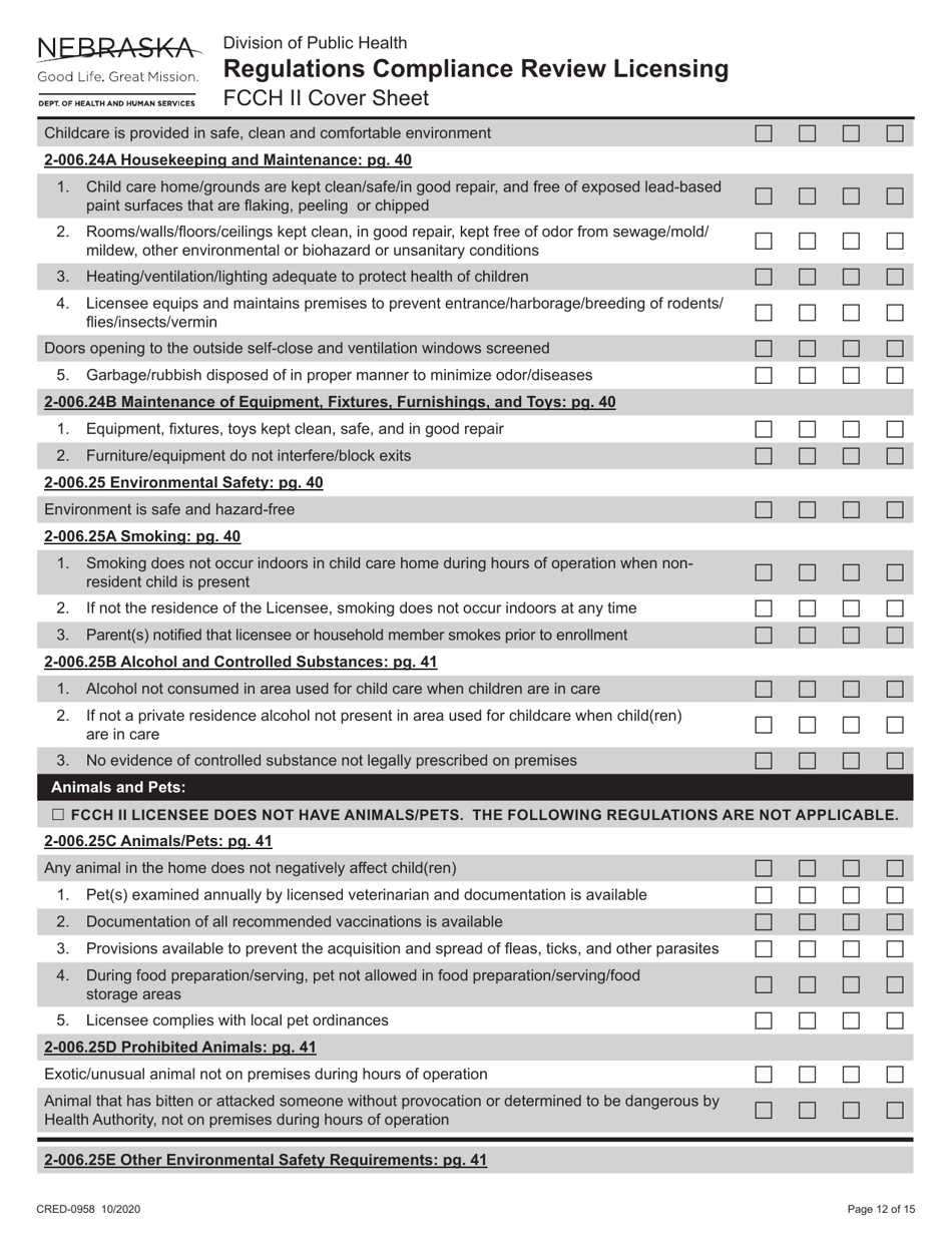 Form CRED-0958 Regulations Compliance Review Licensing - Fcch II Cover Sheet - Nebraska, Page 12