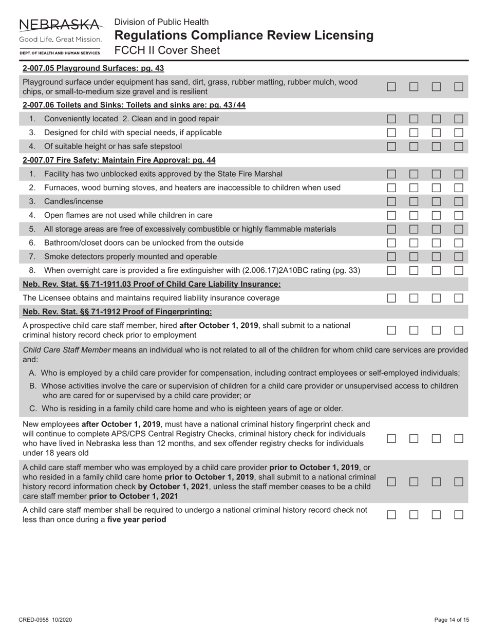 Form CRED-0958 Regulations Compliance Review Licensing - Fcch II Cover Sheet - Nebraska, Page 14