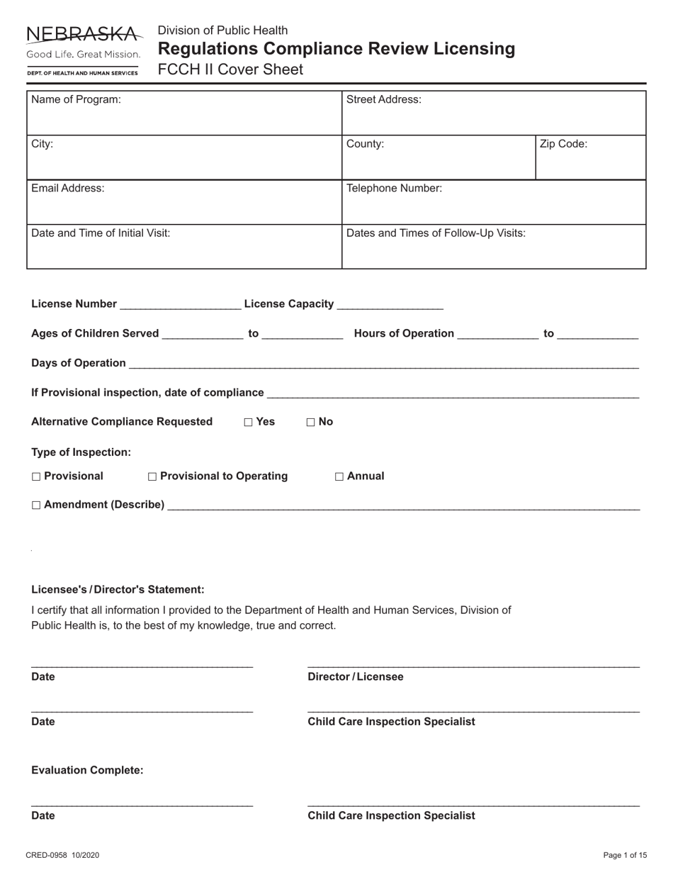 Form CRED-0958 Regulations Compliance Review Licensing - Fcch II Cover Sheet - Nebraska, Page 1