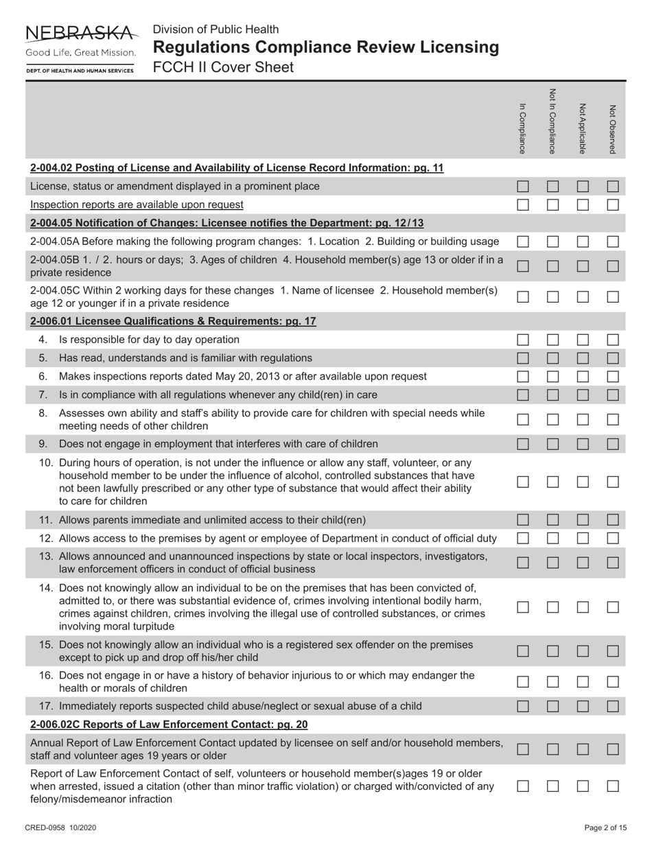 Form CRED-0958 Regulations Compliance Review Licensing - Fcch II Cover Sheet - Nebraska, Page 2