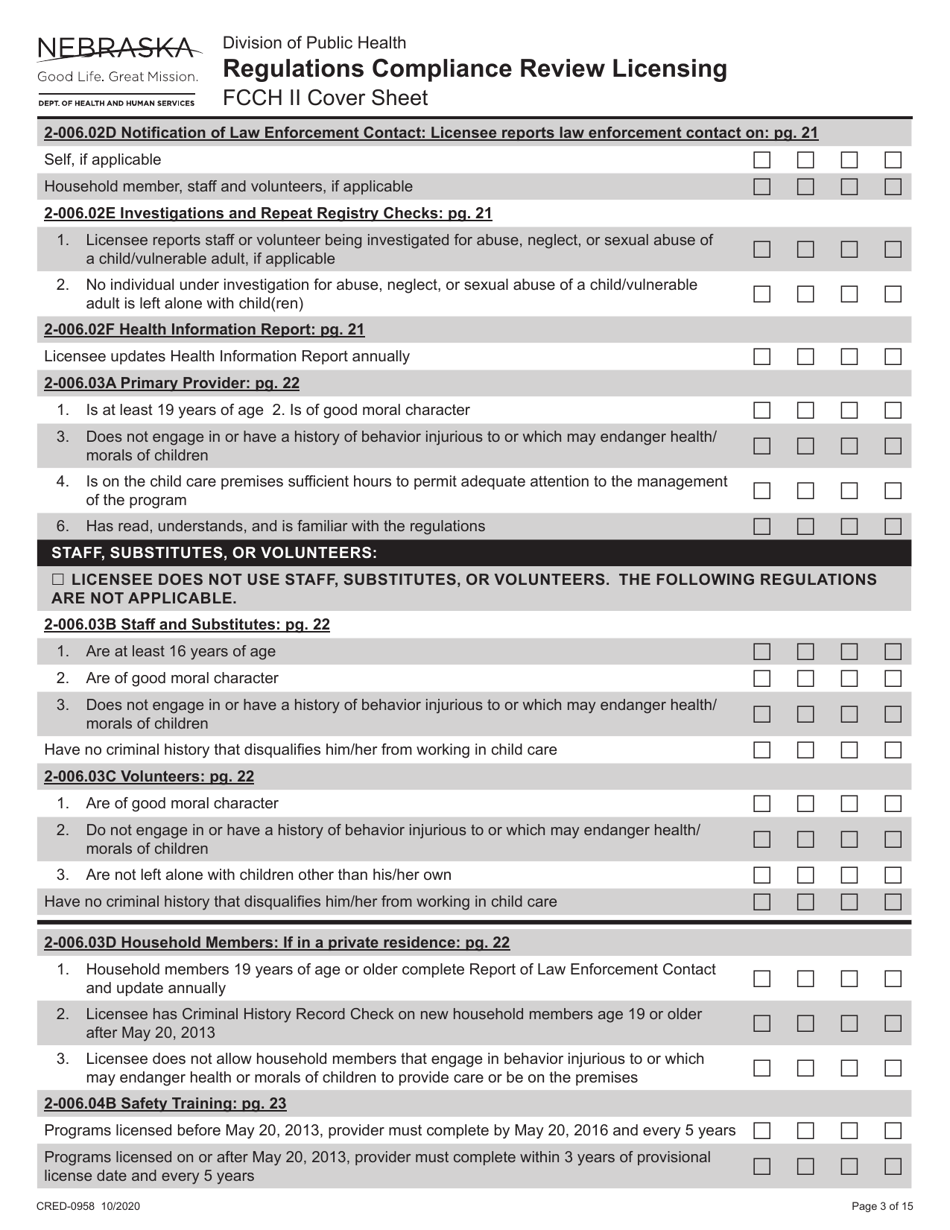 Form CRED-0958 Regulations Compliance Review Licensing - Fcch II Cover Sheet - Nebraska, Page 3
