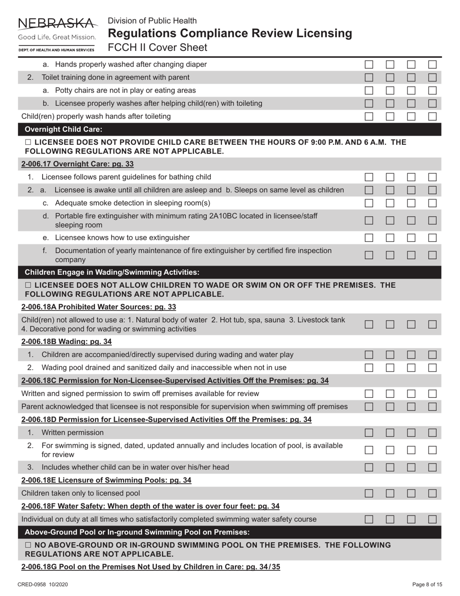 Form CRED-0958 Regulations Compliance Review Licensing - Fcch II Cover Sheet - Nebraska, Page 8