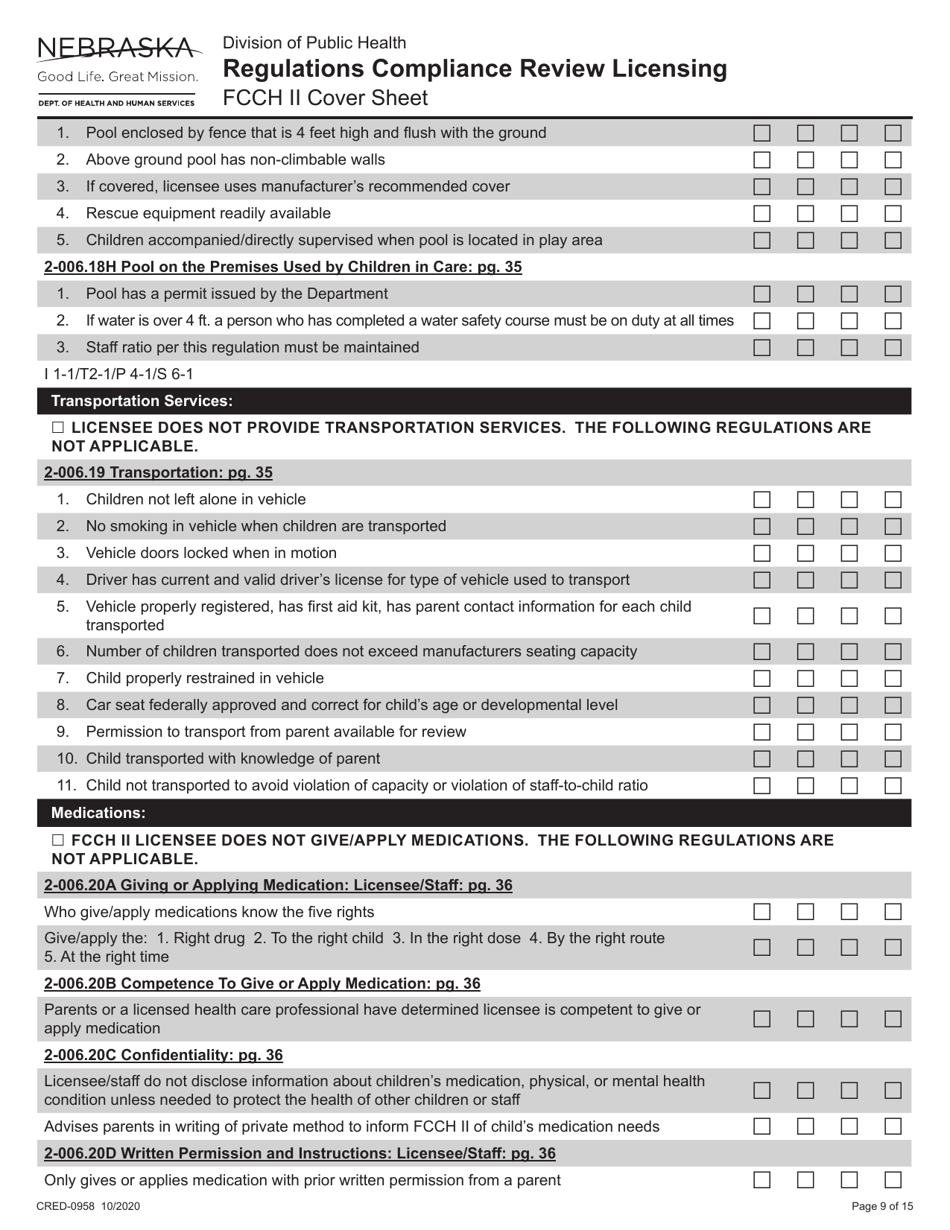 Form CRED-0958 Regulations Compliance Review Licensing - Fcch II Cover Sheet - Nebraska, Page 9