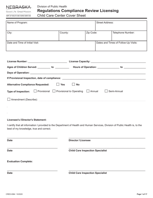 Form CRED-0964 Regulations Compliance Review Licensing - Child Care Center Cover Sheet - Nebraska