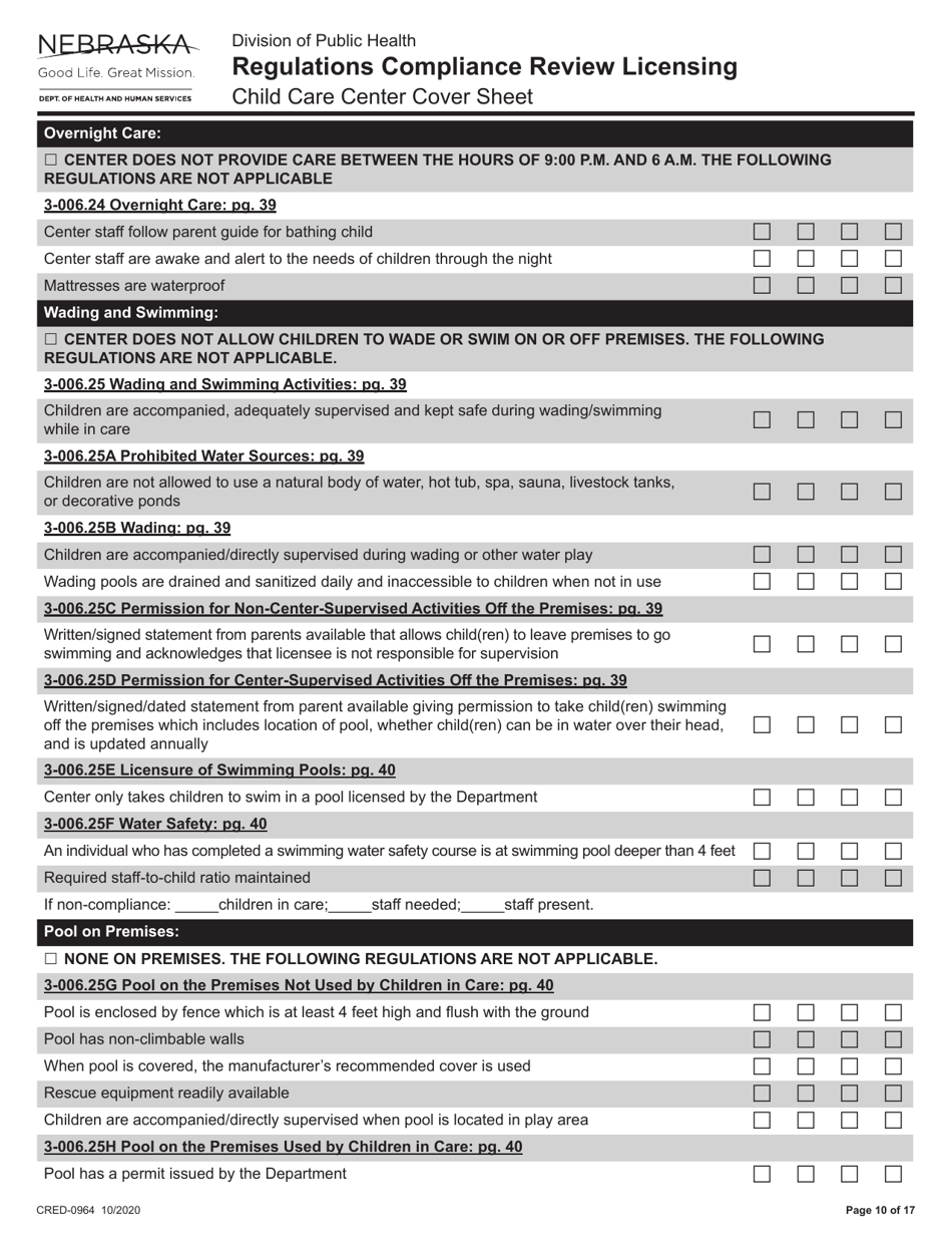 Form CRED-0964 Regulations Compliance Review Licensing - Child Care Center Cover Sheet - Nebraska, Page 10