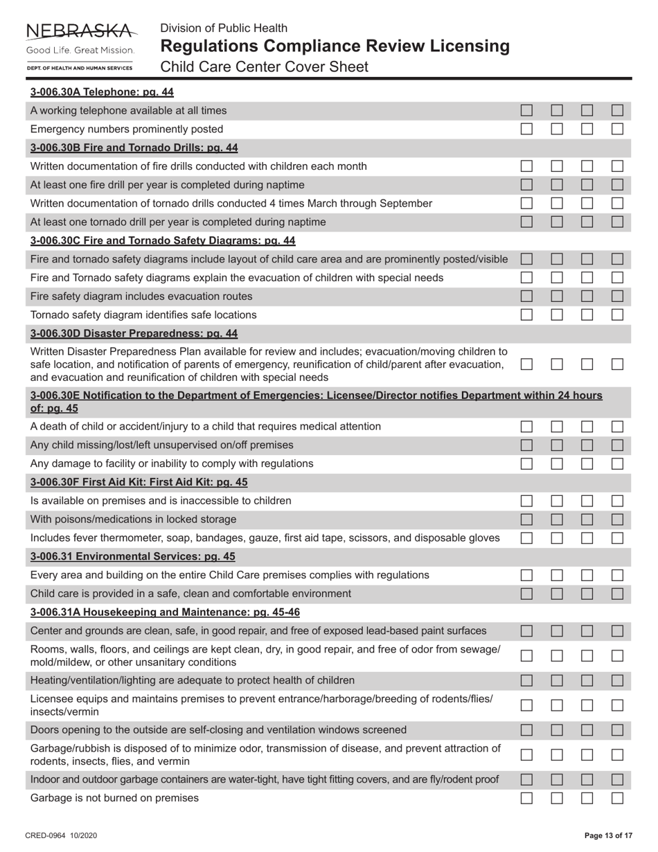 Form CRED-0964 Regulations Compliance Review Licensing - Child Care Center Cover Sheet - Nebraska, Page 13