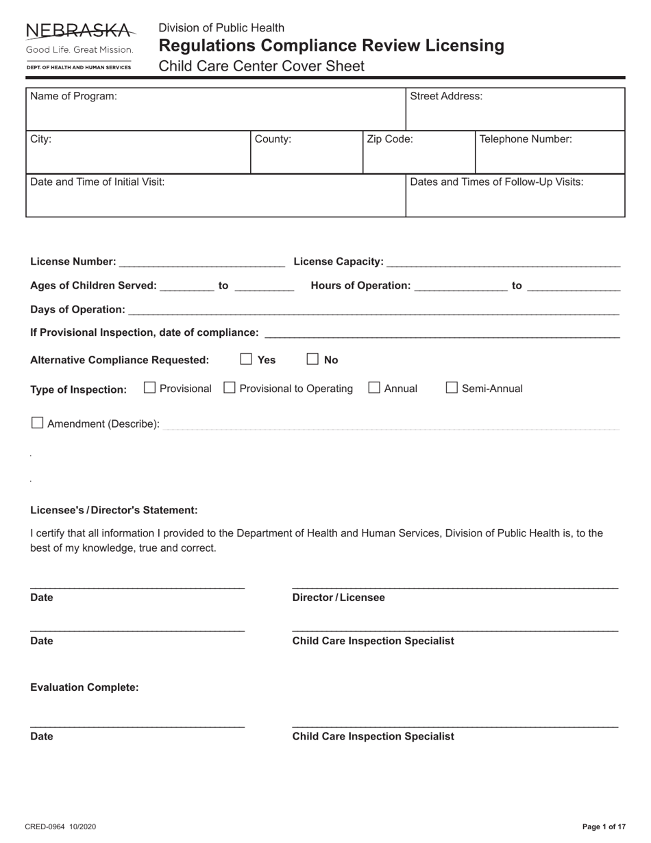Form CRED-0964 Regulations Compliance Review Licensing - Child Care Center Cover Sheet - Nebraska, Page 1