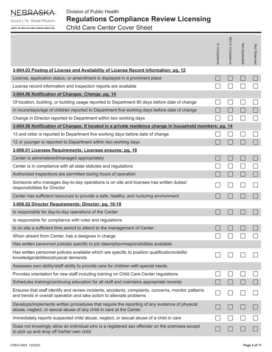 Form CRED-0964 Regulations Compliance Review Licensing - Child Care Center Cover Sheet - Nebraska, Page 2