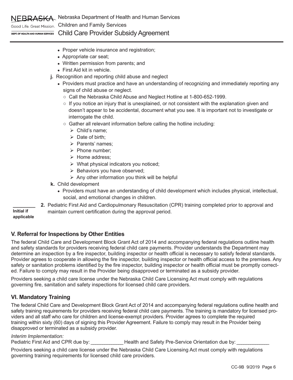 Form CC-9B Child Care Provider Subsidy Agreement - Nebraska, Page 6