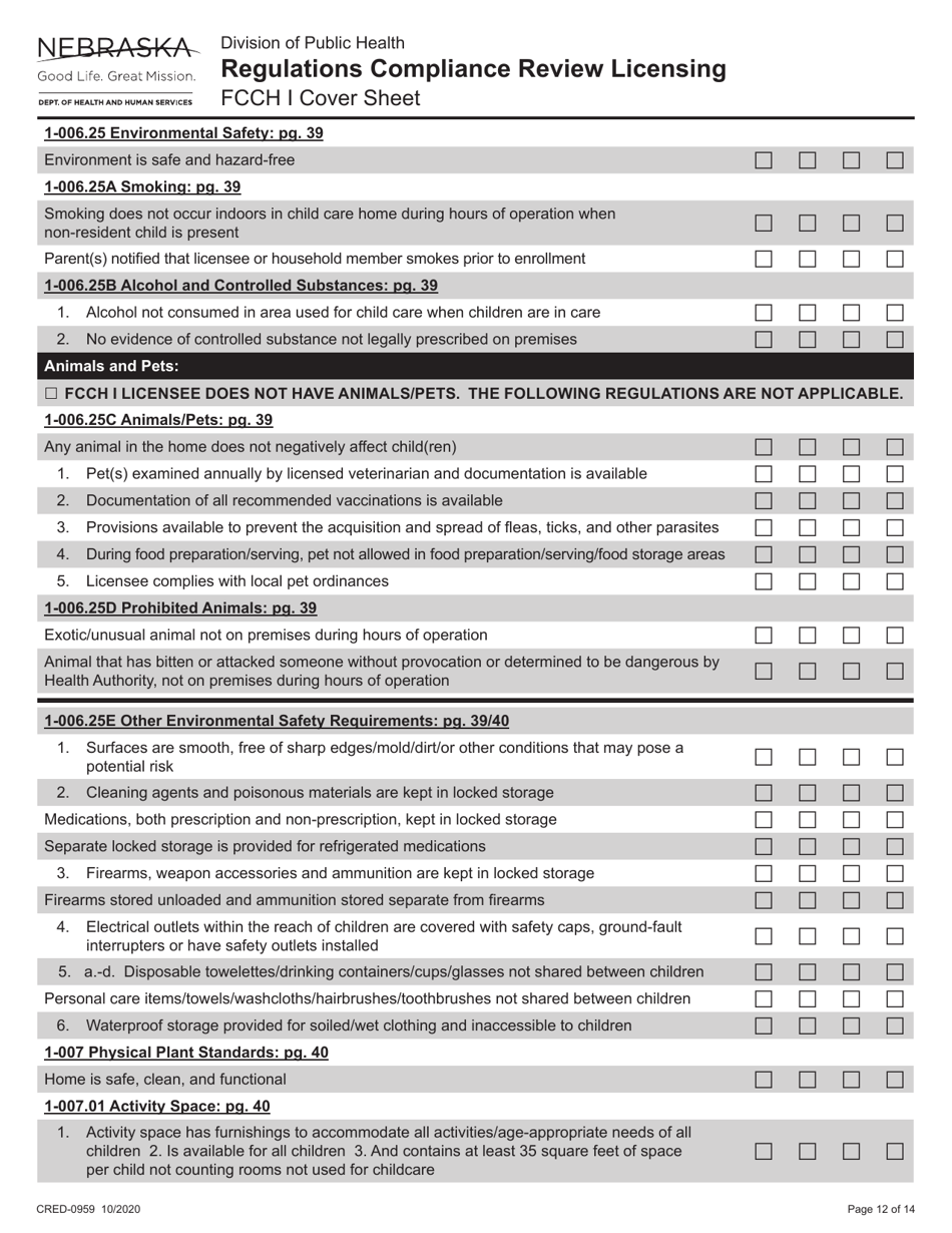 Form CRED-0959 Regulations Compliance Review Licensing - Fcch I Cover Sheet - Nebraska, Page 12