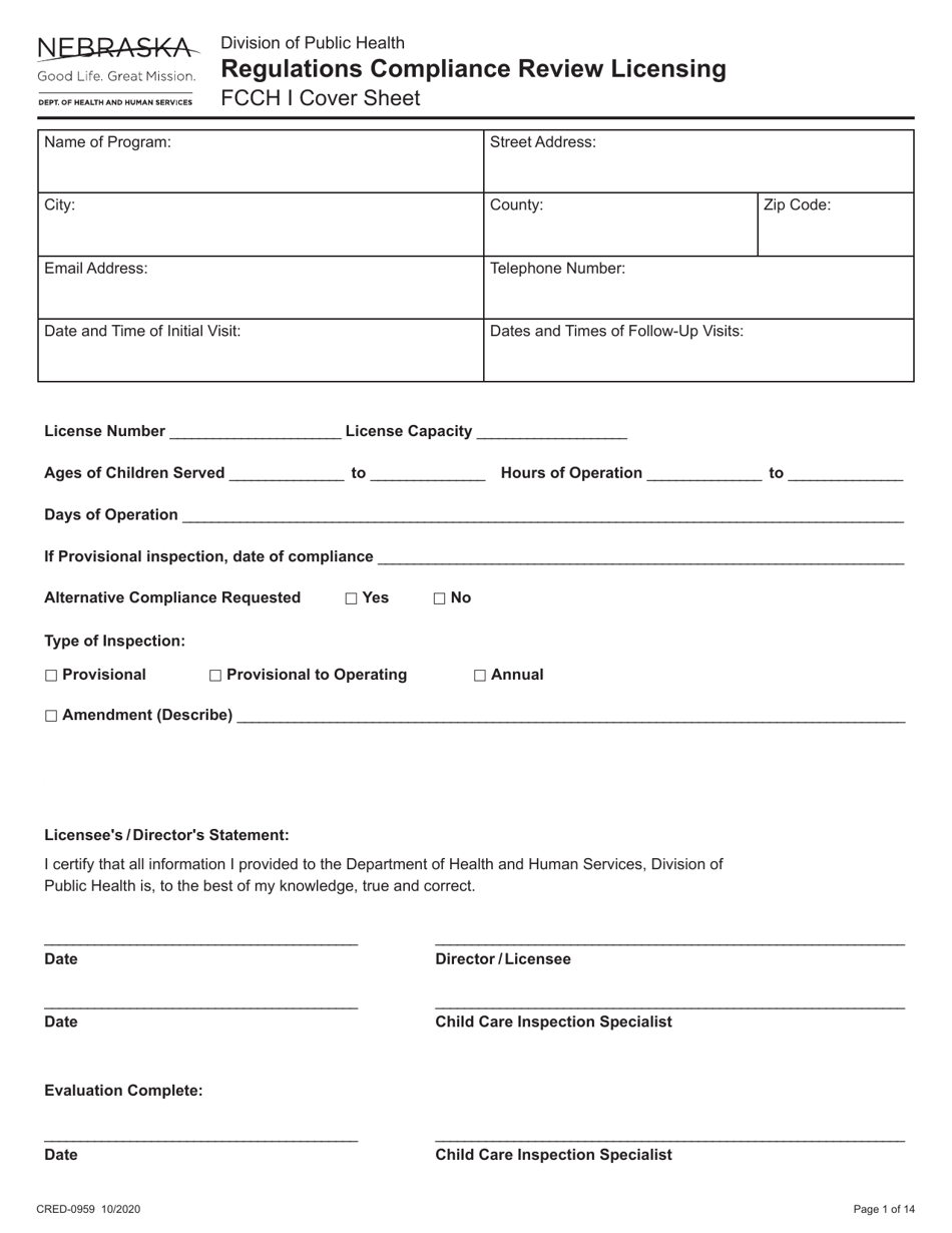 Form CRED-0959 Regulations Compliance Review Licensing - Fcch I Cover Sheet - Nebraska, Page 1