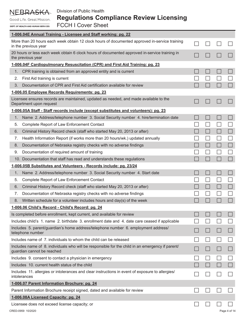 Form CRED-0959 Regulations Compliance Review Licensing - Fcch I Cover Sheet - Nebraska, Page 4