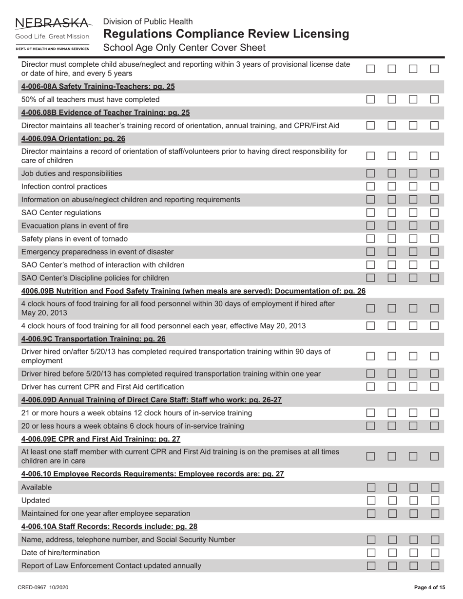 Form CRED-0967 Regulations Compliance Review Licensing - School Age Only Center Checklist With Cover Sheet - Nebraska, Page 4
