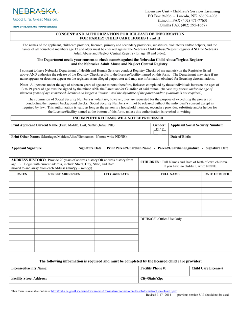 Consent and Authorization for Release of Information for Family Child Care Homes I and Ii - Nebraska, Page 1