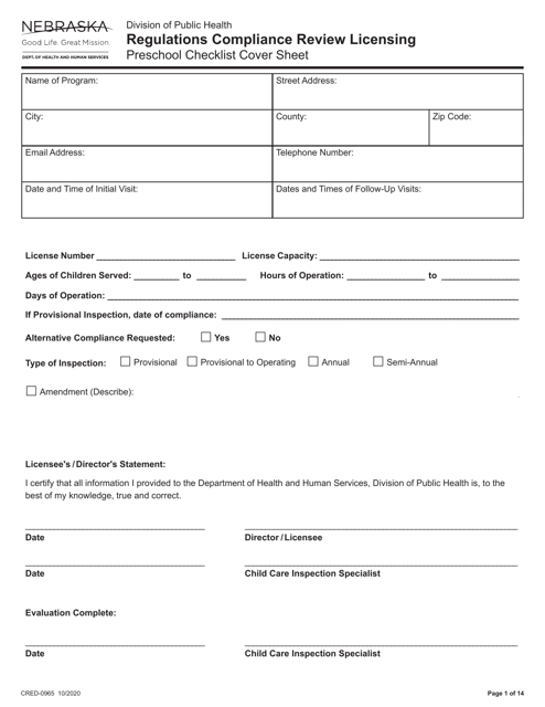 Form CRED-0965 Regulations Compliance Review Licensing - Preschool Checklist Cover Sheet - Nebraska