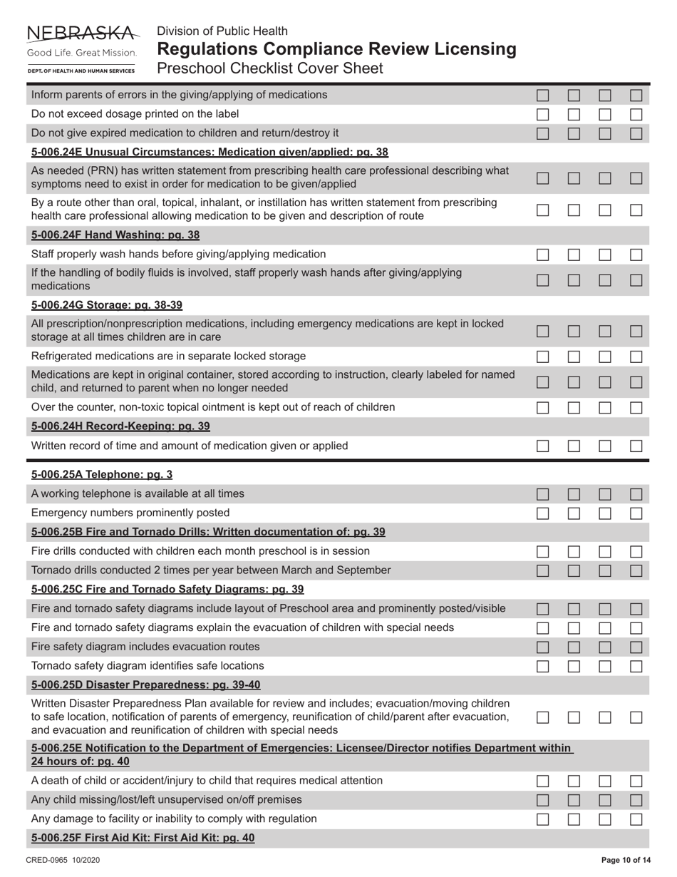 Form CRED-0965 Regulations Compliance Review Licensing - Preschool Checklist Cover Sheet - Nebraska, Page 10