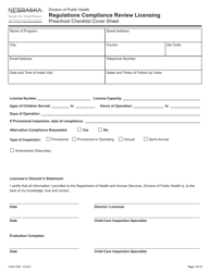 Form CRED-0965 Regulations Compliance Review Licensing - Preschool Checklist Cover Sheet - Nebraska