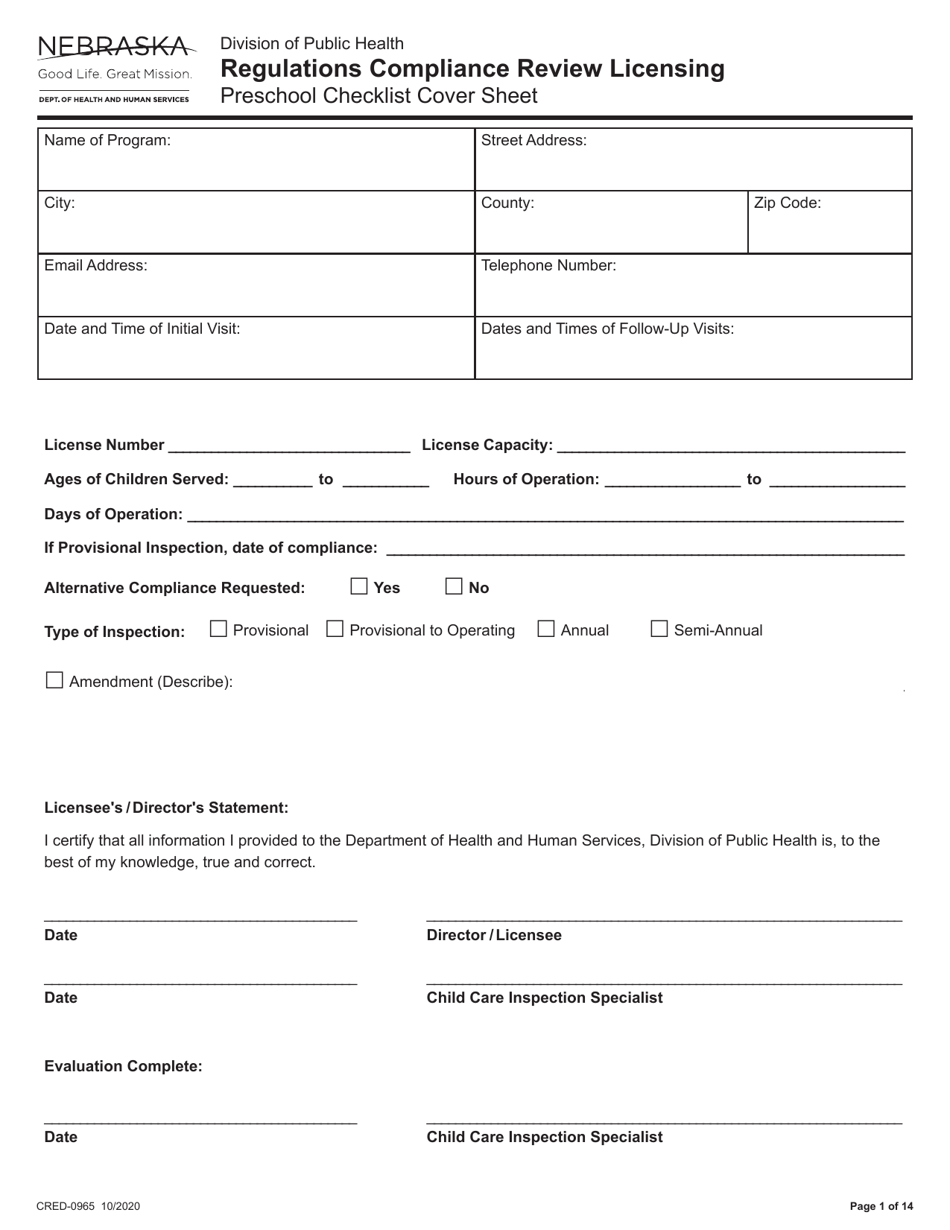 Form CRED-0965 Regulations Compliance Review Licensing - Preschool Checklist Cover Sheet - Nebraska, Page 1
