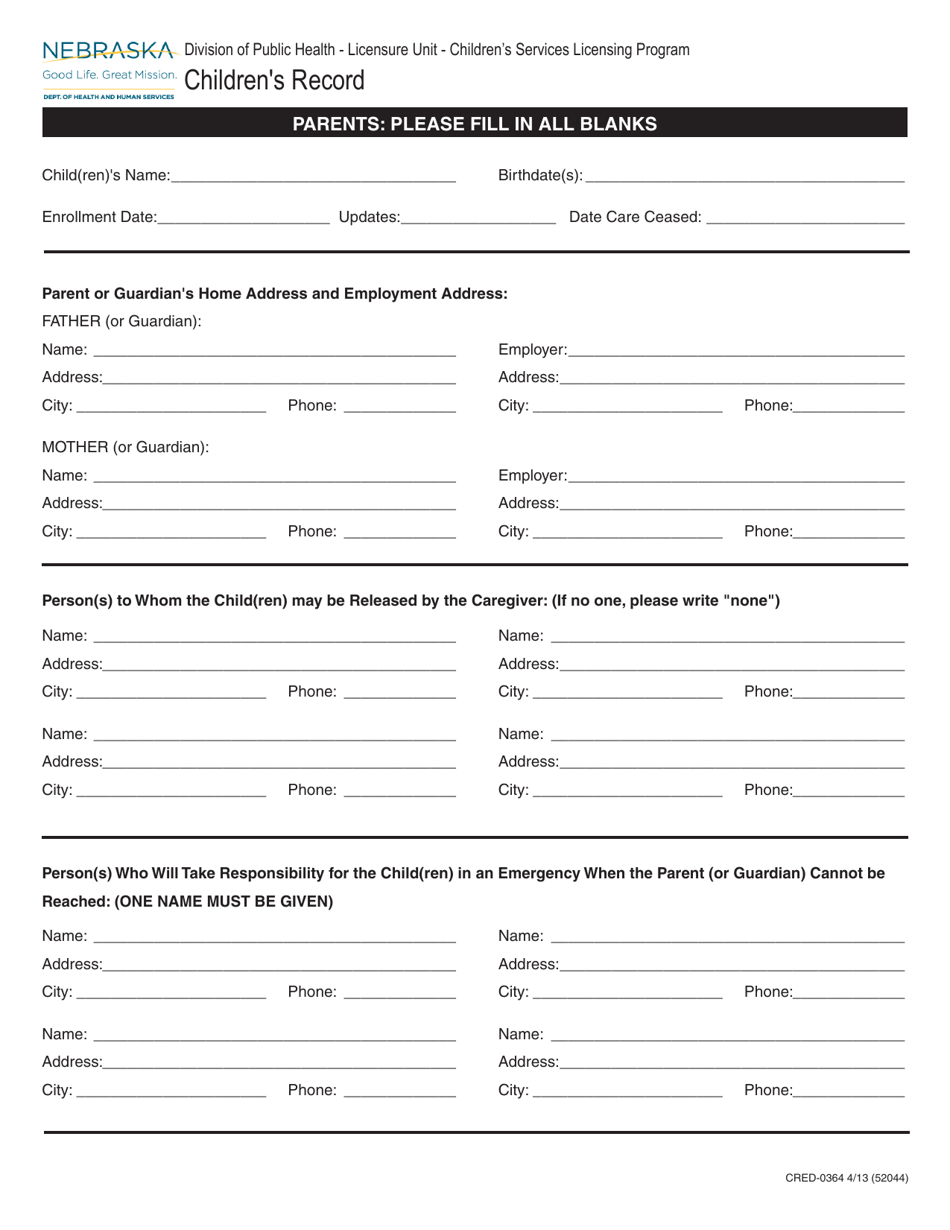 Form CRED-0364 Childrens Record - Nebraska, Page 1