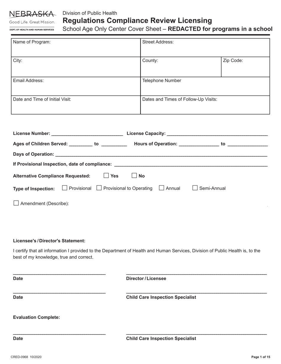 Form CRED-0968 Regulations Compliance Review Licensing - School Age Only Center Checklist With Cover Sheet - Reacted for Programs in a School - Nebraska, Page 1