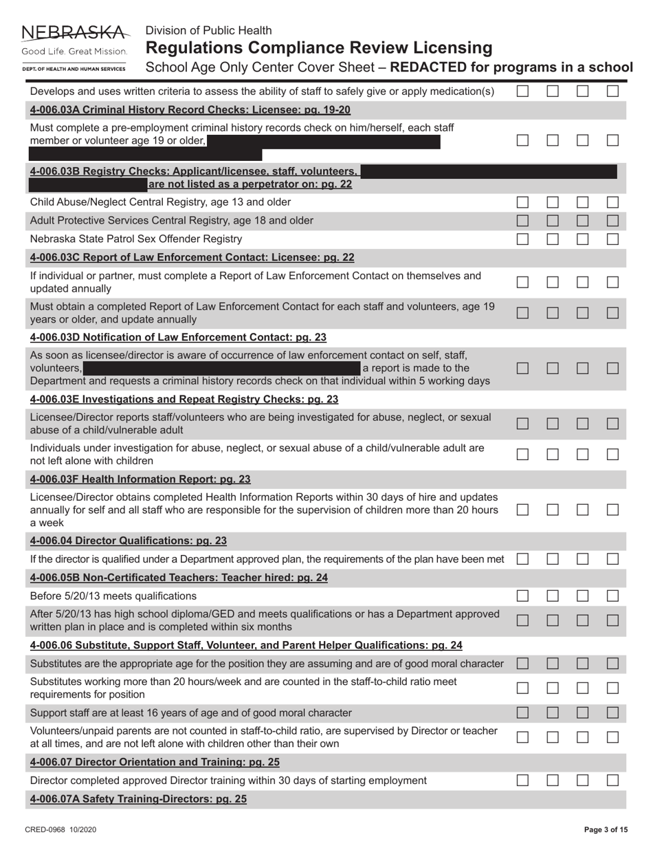 Form CRED-0968 Regulations Compliance Review Licensing - School Age Only Center Checklist With Cover Sheet - Reacted for Programs in a School - Nebraska, Page 3