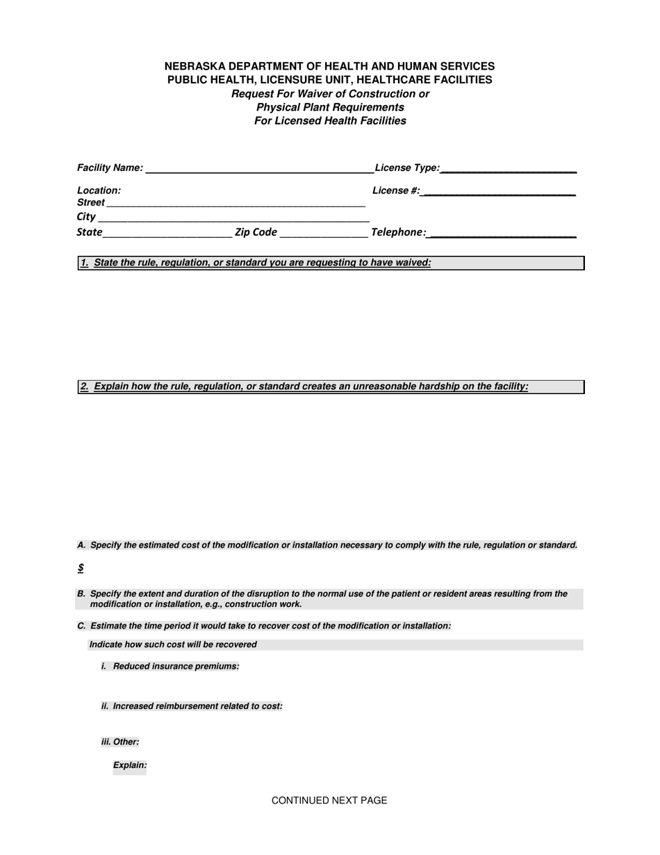 Request for Waiver of Construction or Physical Plant Requirements for Licensed Health Facilities - Nebraska, Page 1