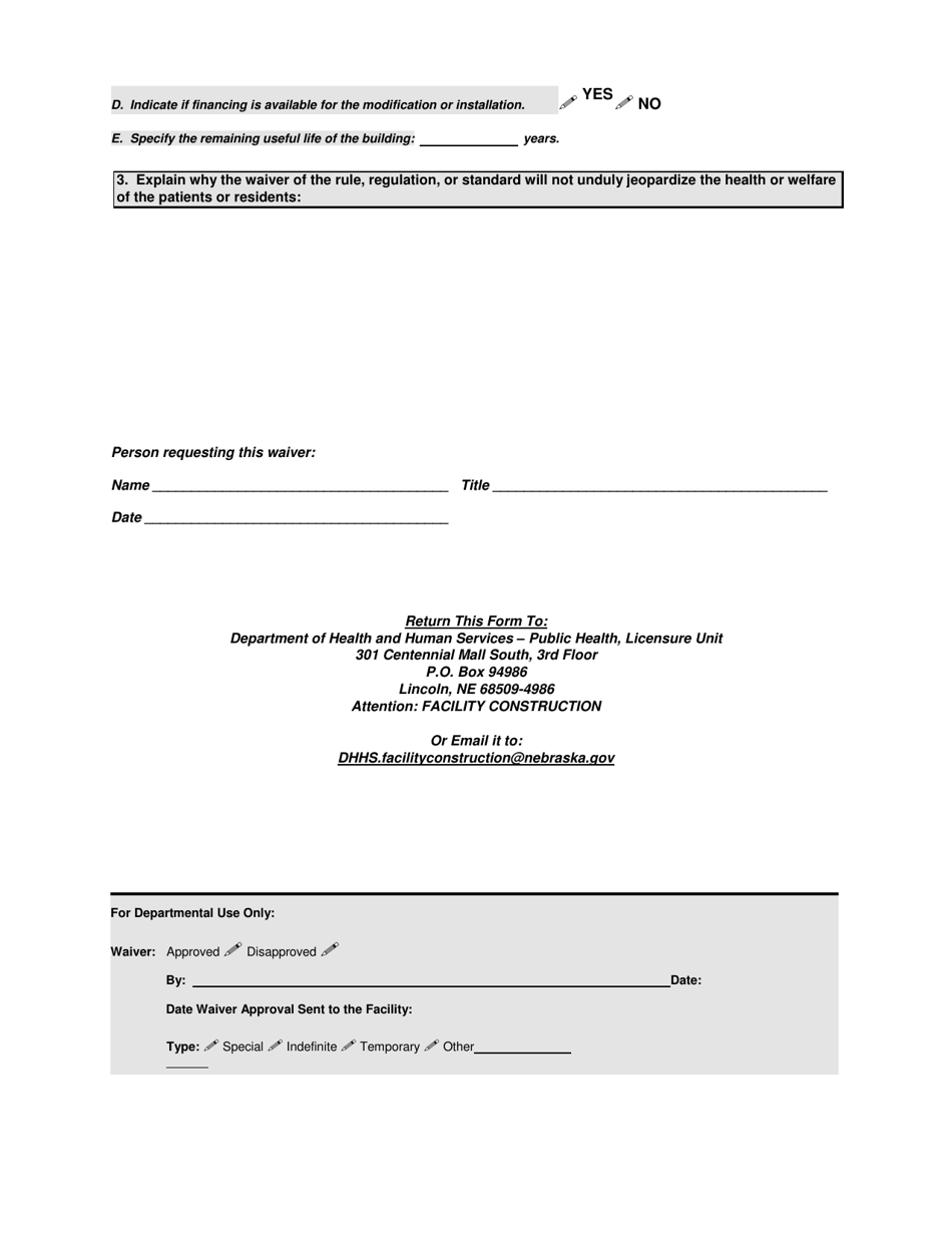 Request for Waiver of Construction or Physical Plant Requirements for Licensed Health Facilities - Nebraska, Page 2
